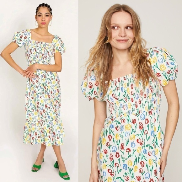 HVN Tulip Floral Print Square Neck Puff Short Sleeve Smocked Fromer Midi Dress 2 - Picture 1 of 8